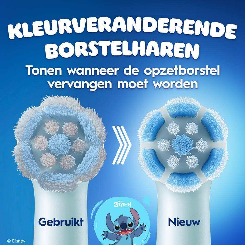 Vergelijking van gebruikte en nieuwe Oral-B iO Kids opzetborstels, met kleurveranderende borstelharen.