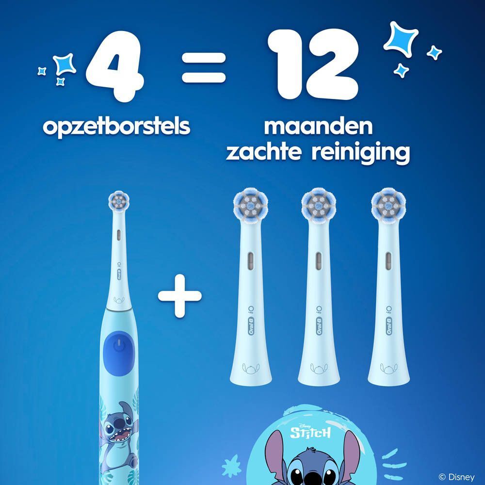 Oral-B iO Kids elektrische tandenborstel met 4 opzetborstels voor 12 maanden zachte reiniging.