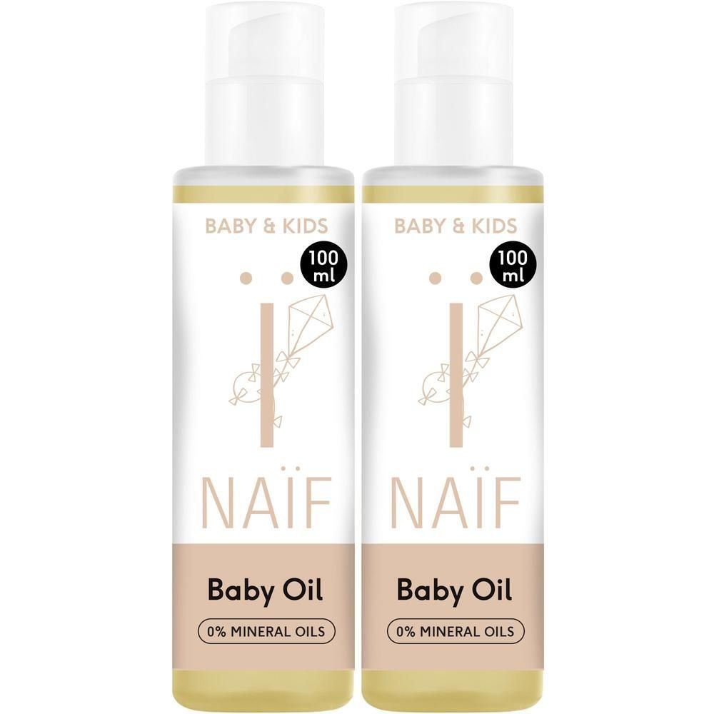 Deux flacons d'Huile pour bébé Naïf, 100 ml chacun.