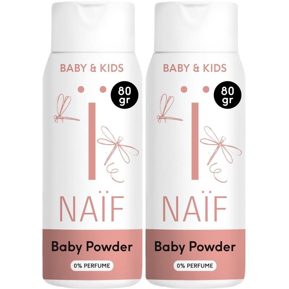 Twee flacons Naïf Baby & Kids Babypoeder, 80g, 0% parfum.