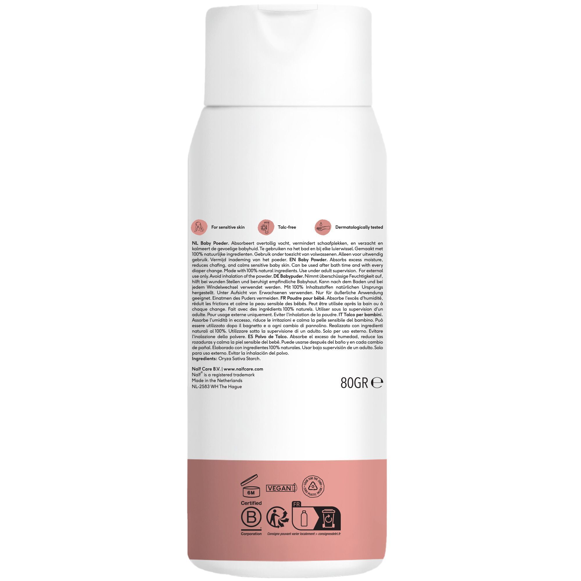 Achterkant van een Naïf babypoederfles met ingrediënten en certificeringen.