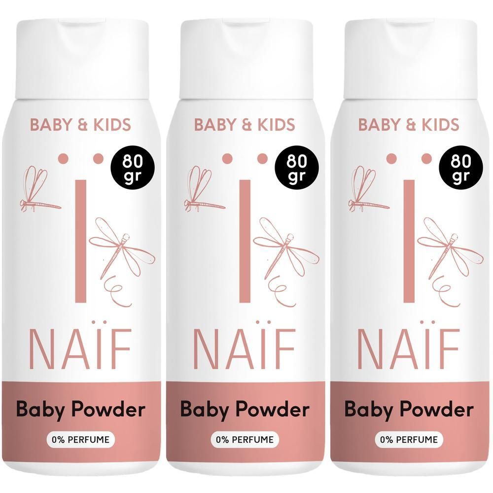Trois flacons de poudre pour bébé Naïf, 80g, 0% parfum.