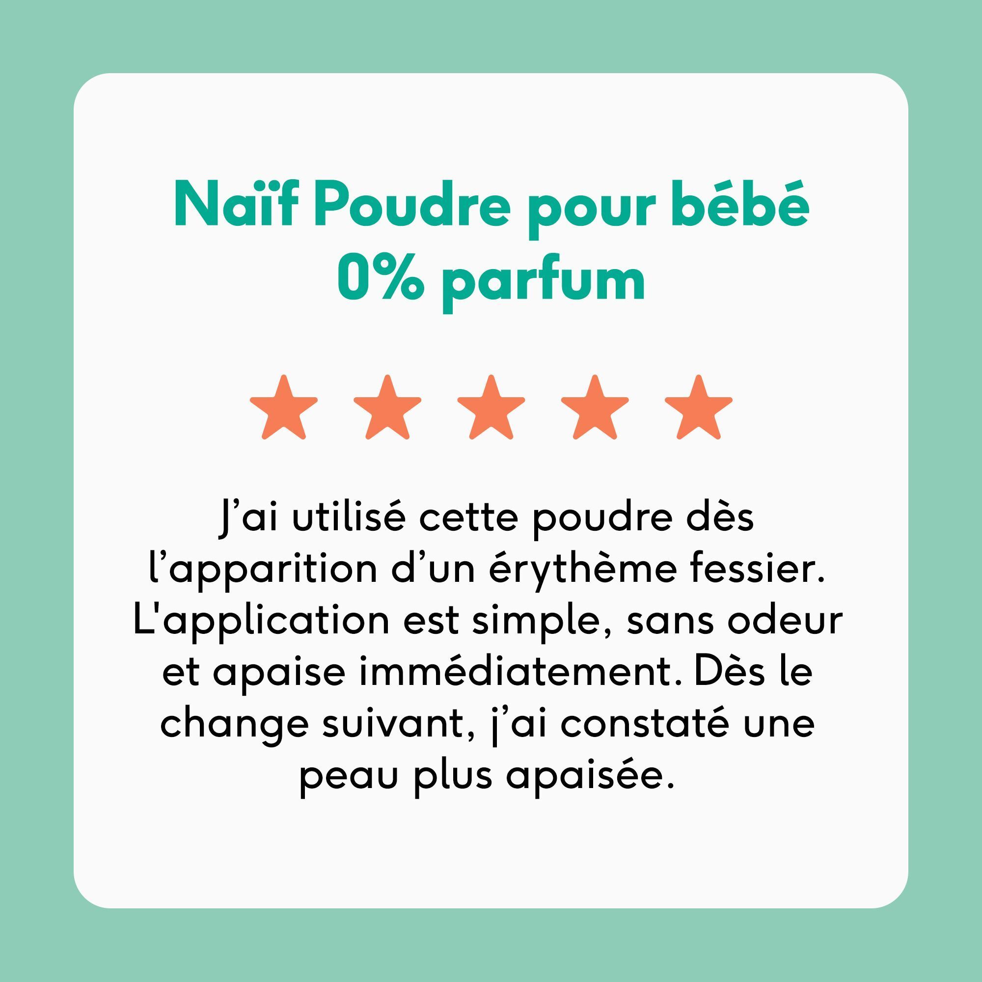 Avis sur la poudre pour bébé Naïf avec étoiles et texte.