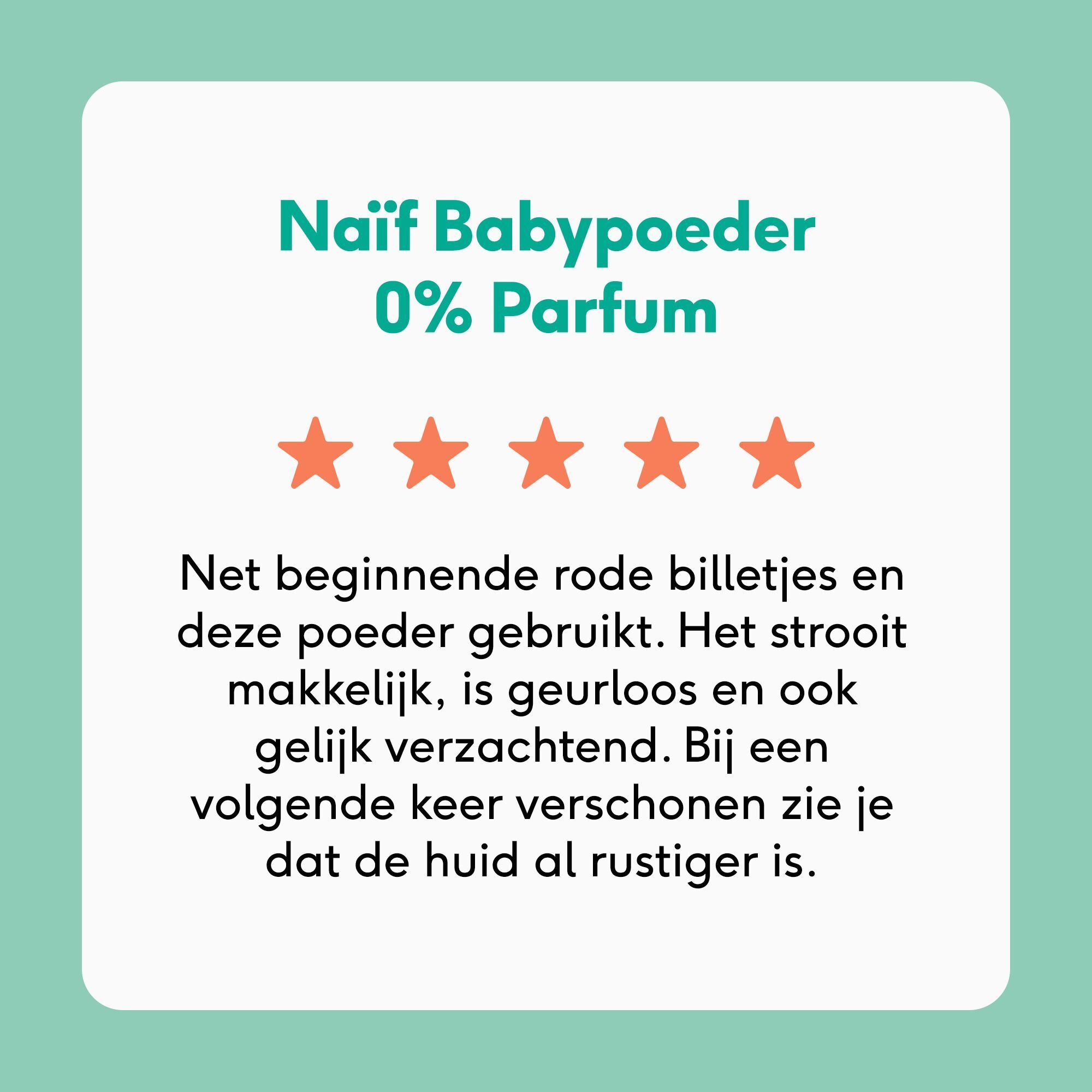 Review voor Naïf babypoeder met sterren en tekst.