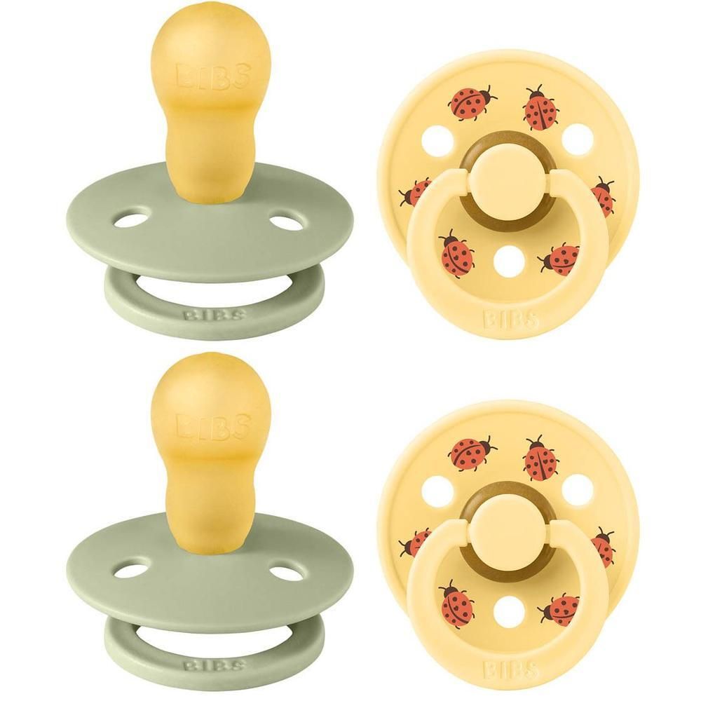 Deux sucettes BIBS : une vert pâle et une jaune à motifs coccinelles.