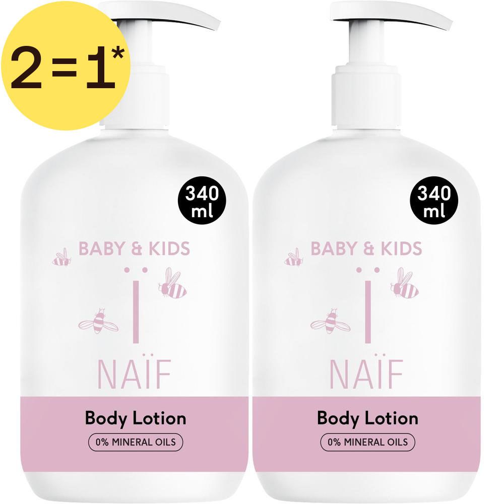 Twee witte pompflesjes Naïf Body Lotion voor baby's en kinderen, 340 ml.