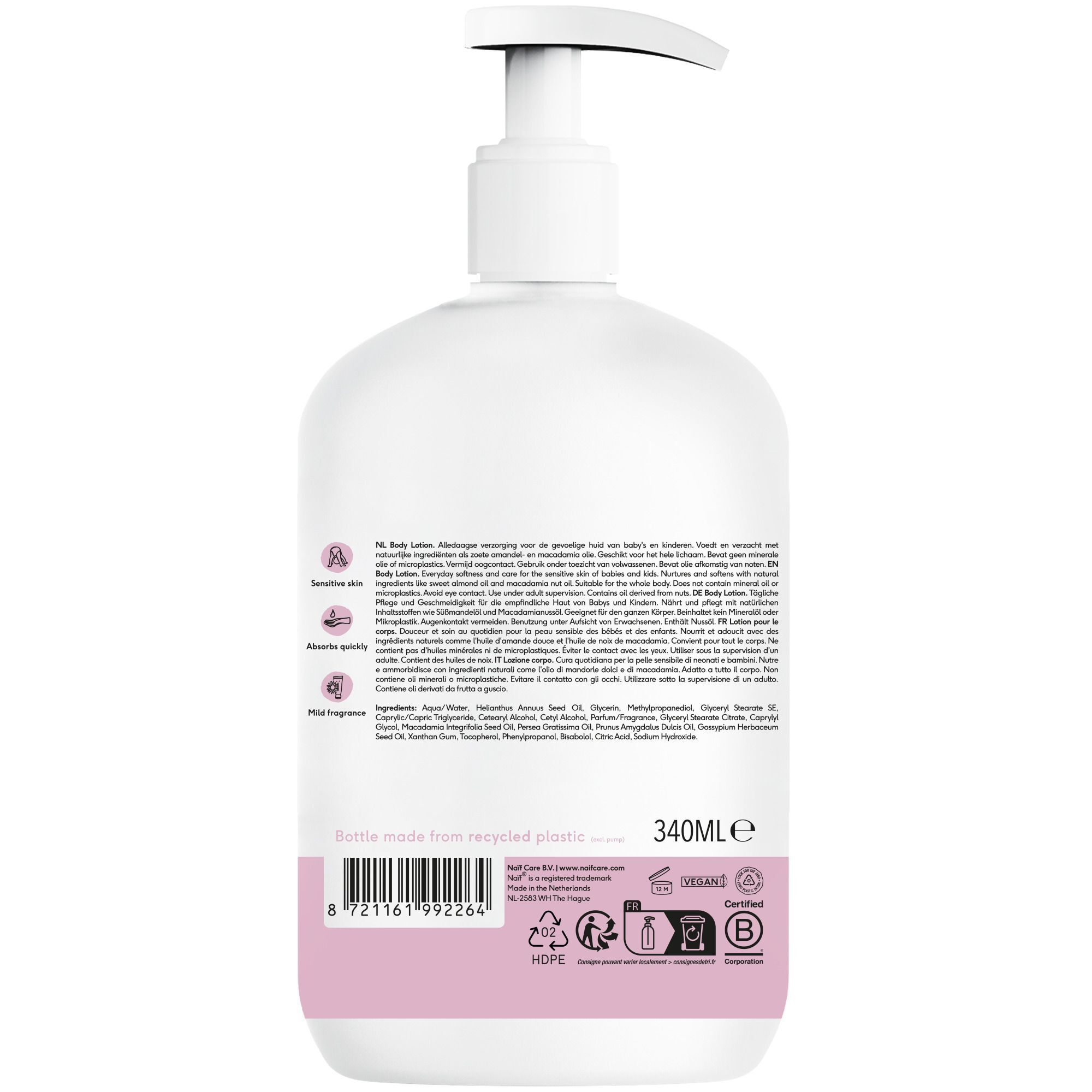 Achterkant van een Naïf Body Lotion fles met ingrediënten en certificeringen.