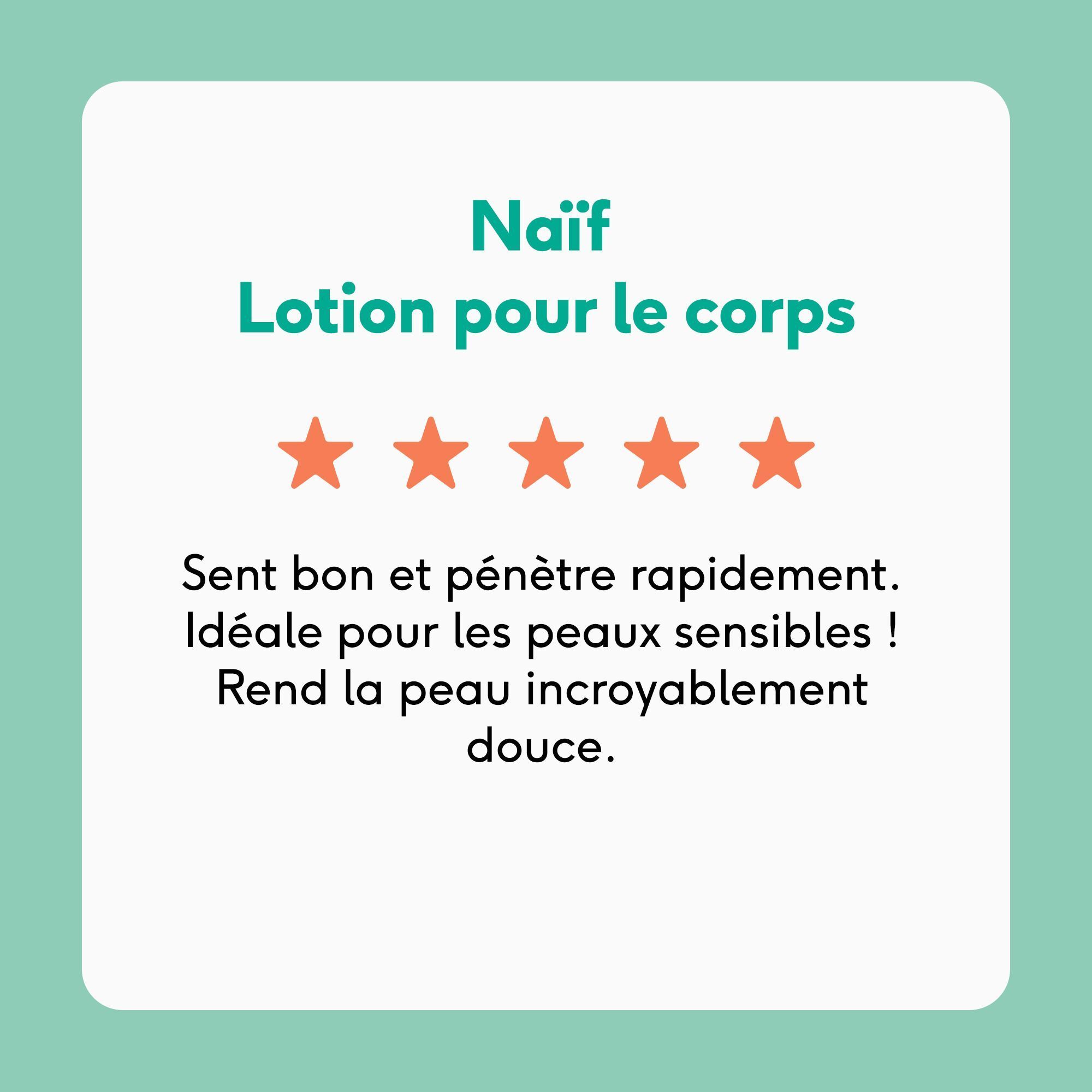 Un tube de lotion corporelle Naïf avec le texte '0% microplastiques'.