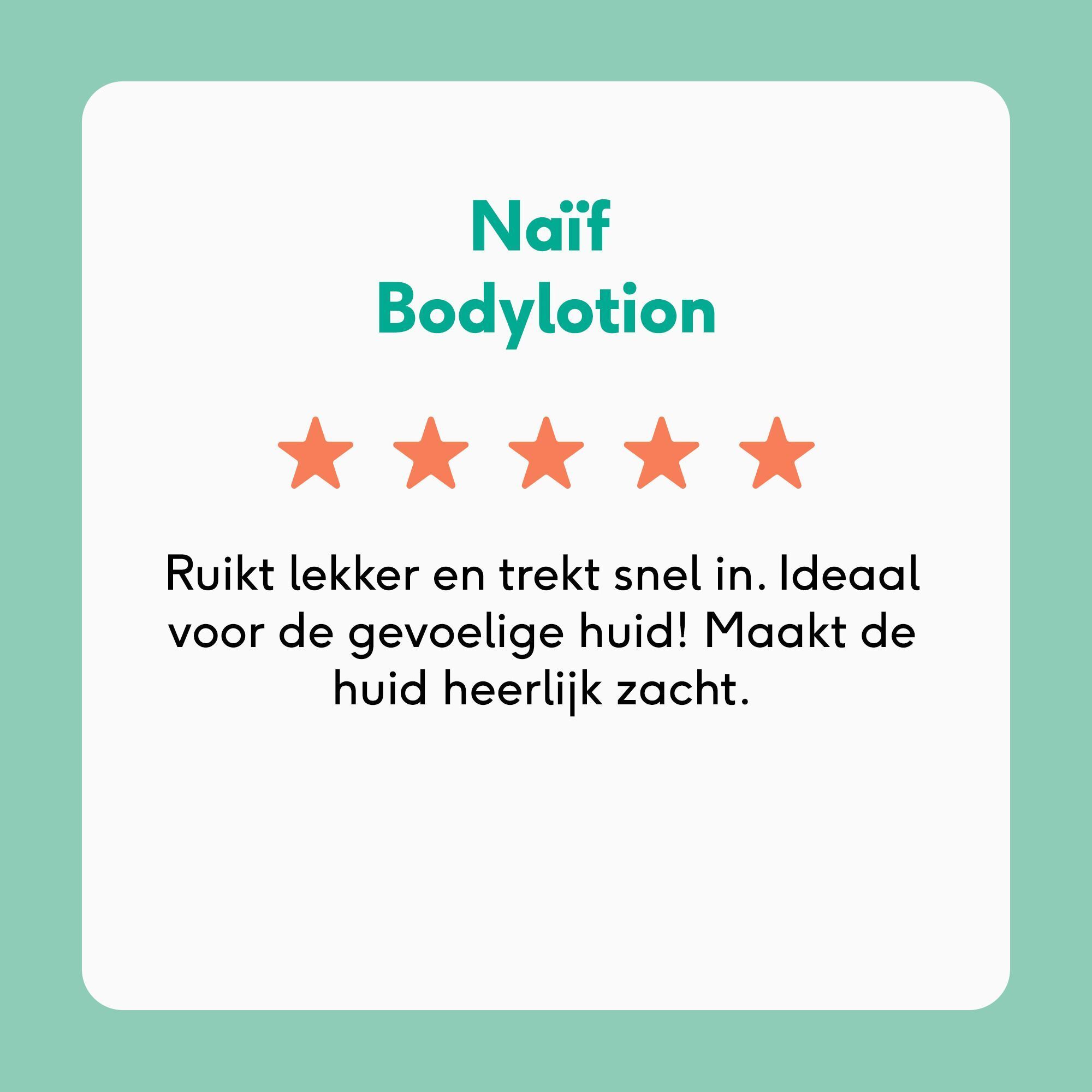 Beoordeling van Naïf Bodylotion met 5 sterren en positieve tekst.