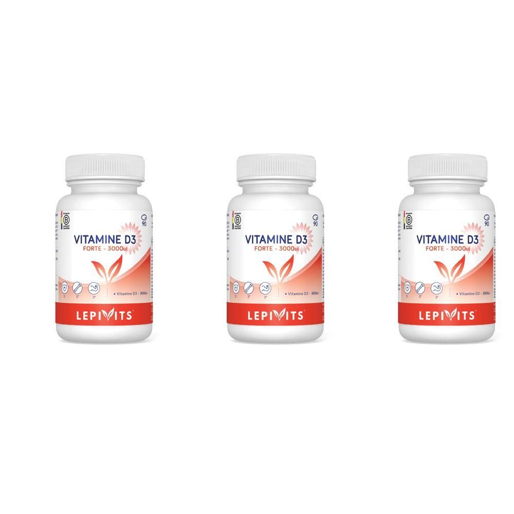 Trois flacons de Lepivits Vitamine D3 Forte 3000 UI avec étiquette rouge et bouchon blanc.
