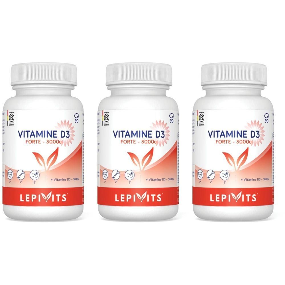 Drie flacons Lepivits Vitamine D3 Forte 3000 UI met rood etiket en witte dop.