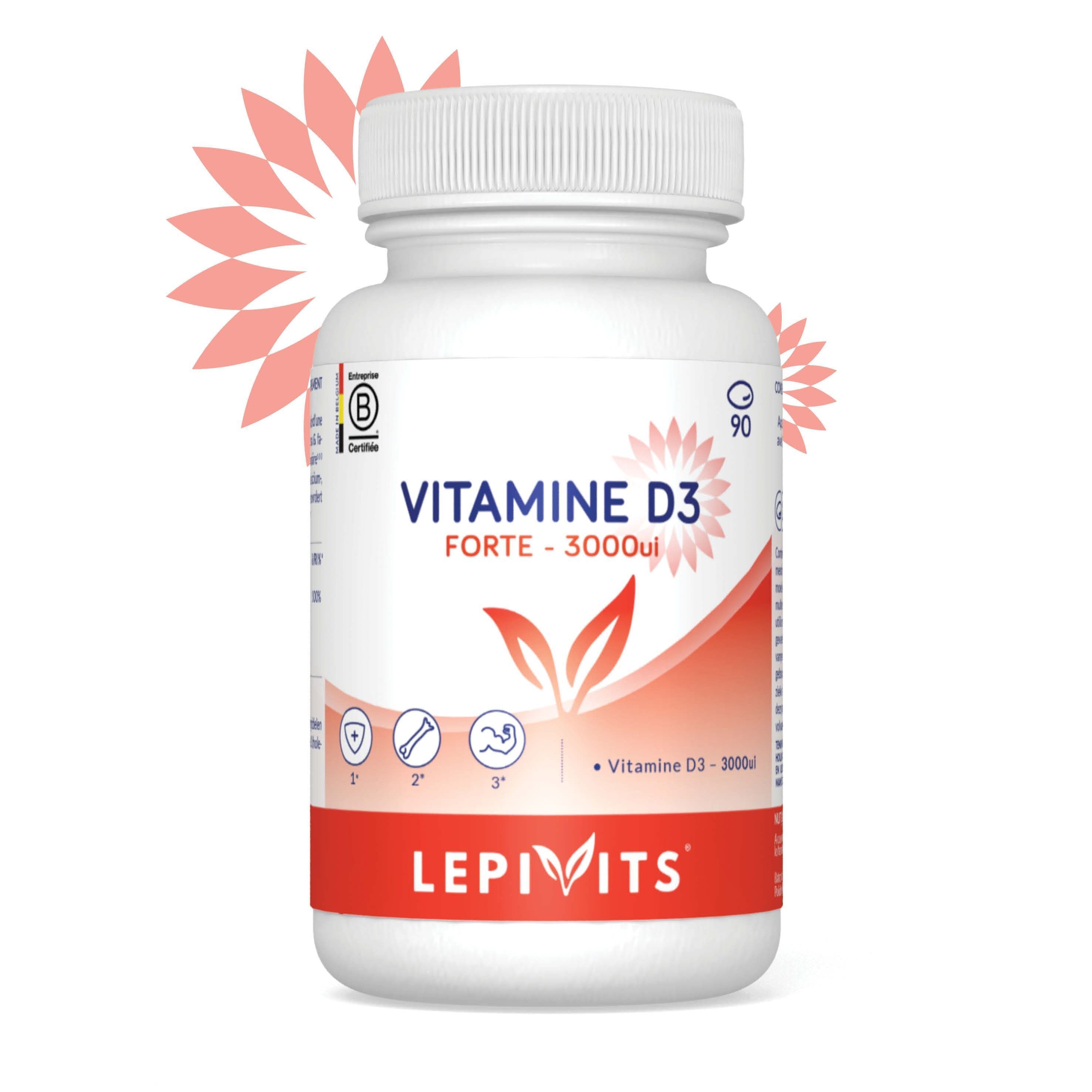 Un flacon de Lepivits Vitamine D3 Forte 3000 UI avec étiquette rouge, bouchon blanc et feuilles.