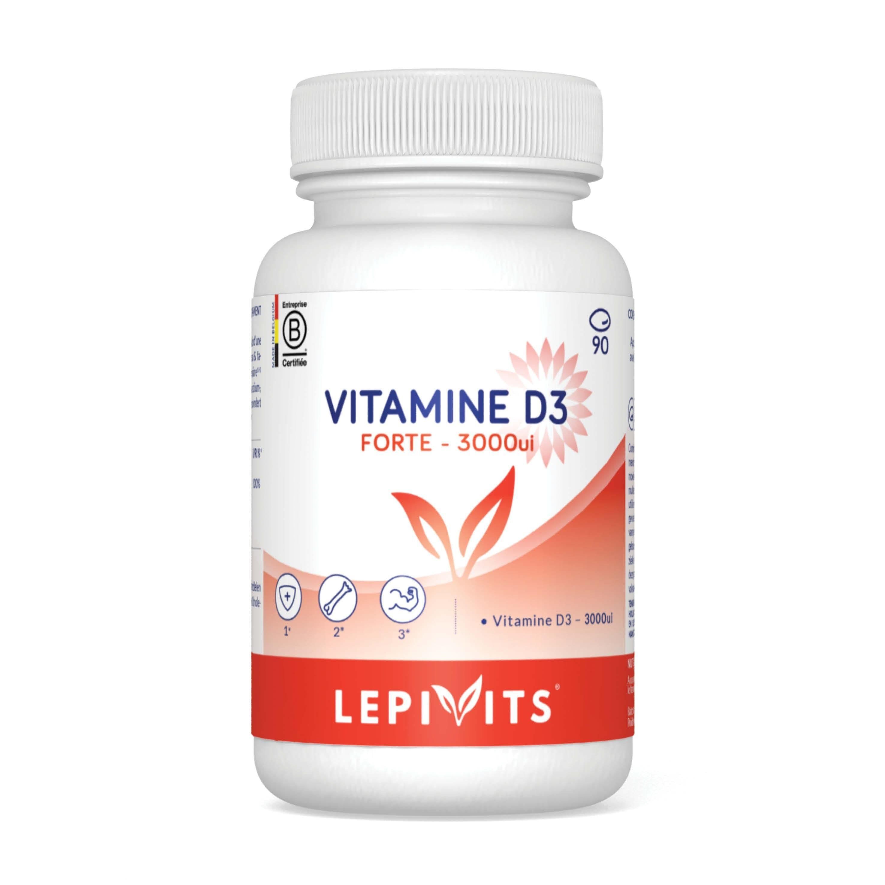 Bouteille blanche Lepivits Vitamine D3 Forte 3000 UI avec étiquette rouge et informations sur le dosage.