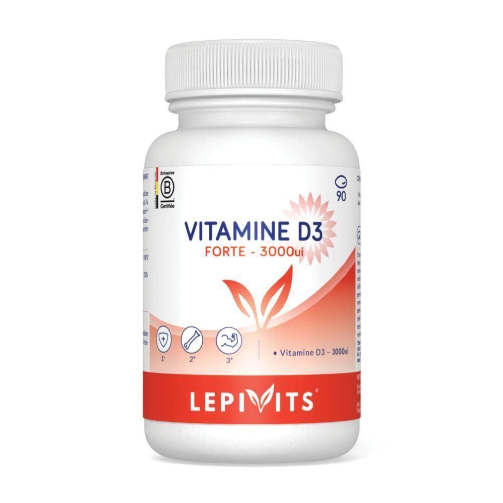 Witte fles Lepivits Vitamine D3 Forte 3000 UI met rood etiket en doseringsinformatie.