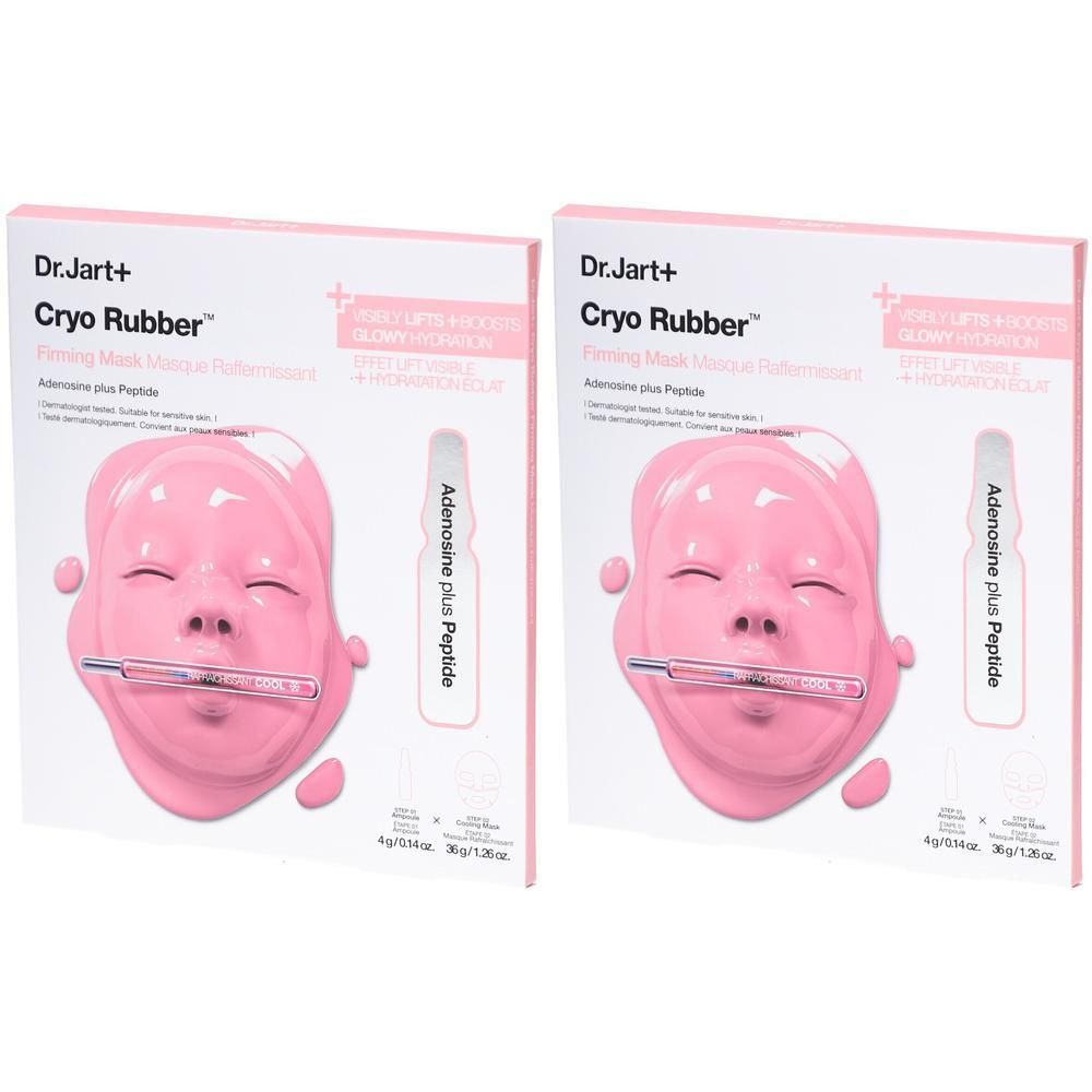 Twee Dr.Jart+ Cryo Rubber maskers met gezichtsafbeelding en ampul.