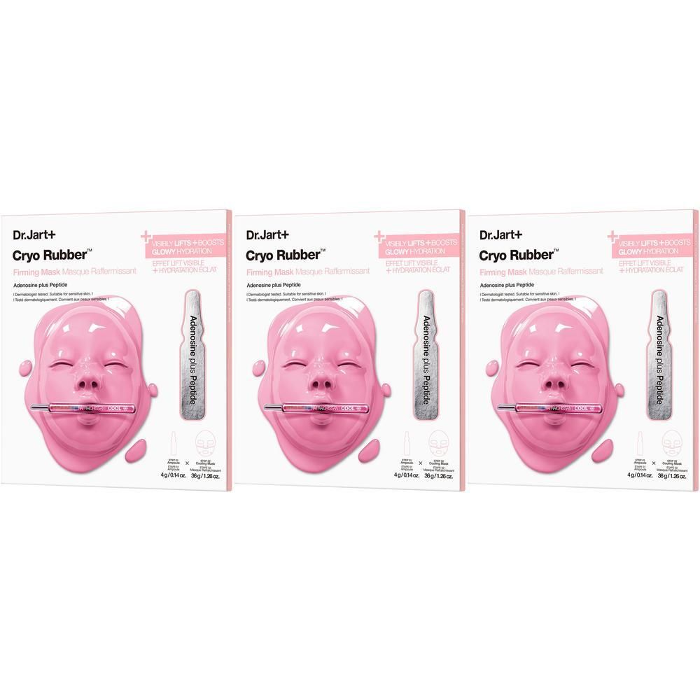 Trois paquets du masque Dr.Jart+ Cryo Rubber™ avec ampoule. Design de masque facial rose.