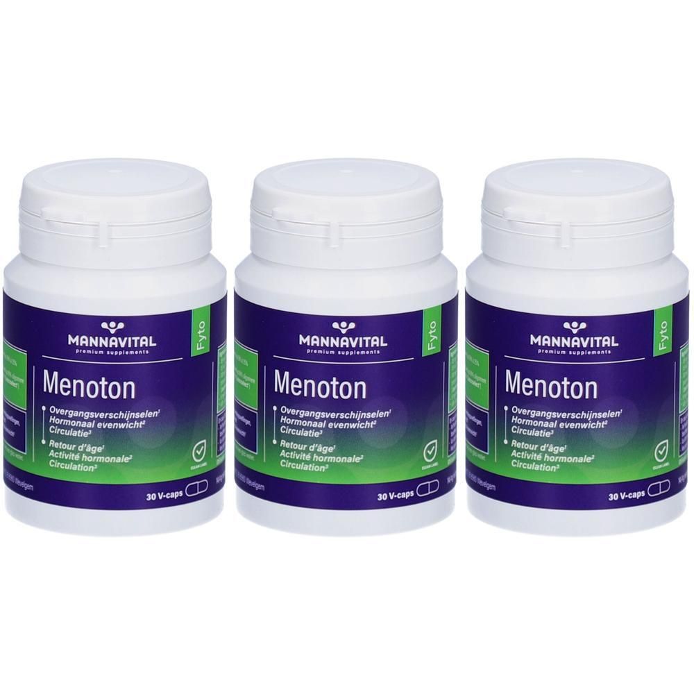 Drie potjes Mannavital Menoton V-caps. Paars etiket met witte dop.