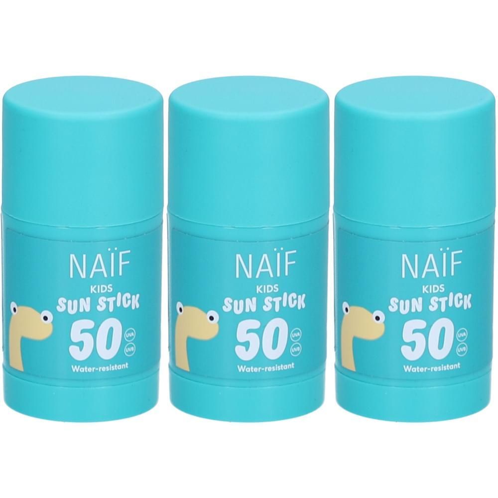 Trois sticks solaires pour enfants turquoise avec SPF 50 et résistance à l'eau.