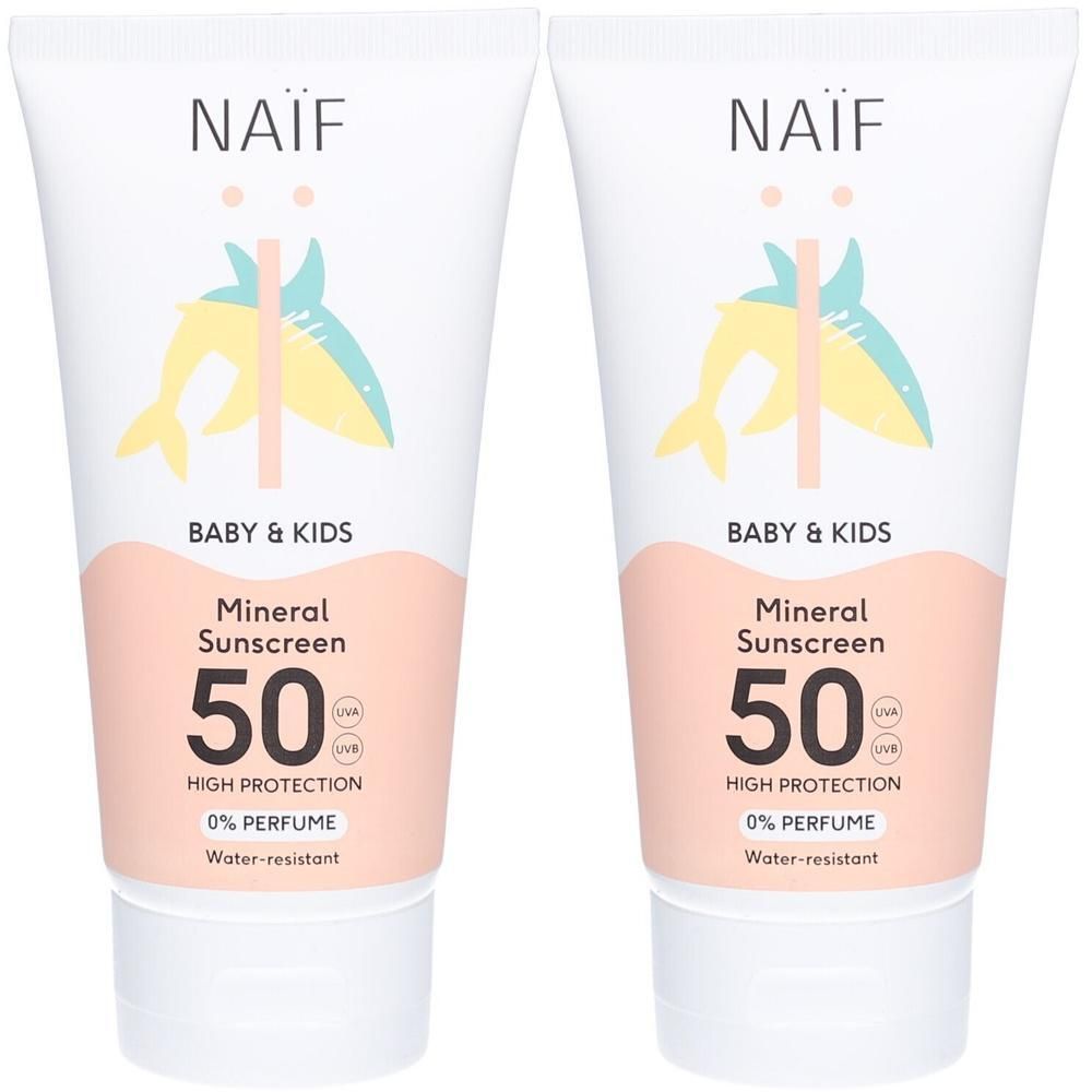 Deux tubes de Naïf Crème Solaire Minérale SPF 50 pour bébé et enfants. Haute protection, sans parfum, résistant à l'eau.