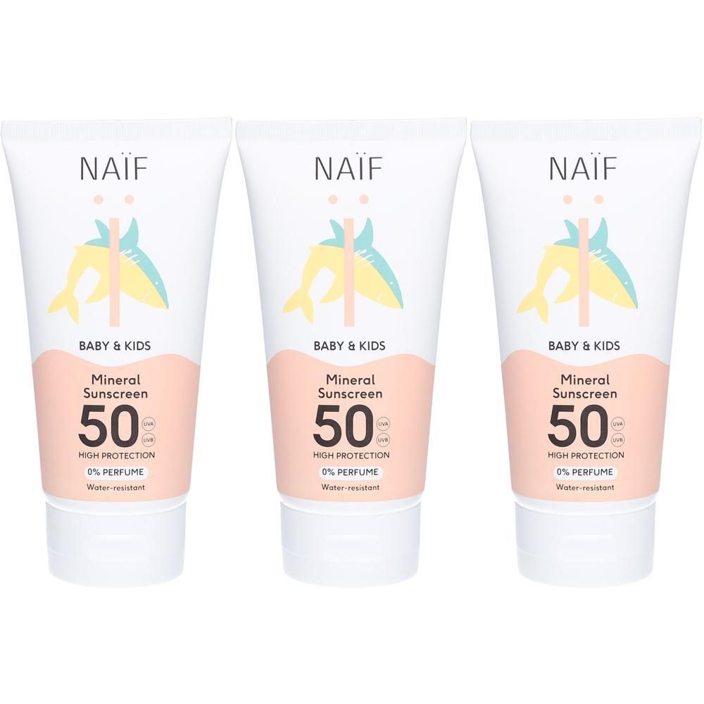 Trois tubes de crème solaire minérale Naïf SPF 50 pour bébé et enfants. Haute protection, sans parfum, résistant à l'eau.