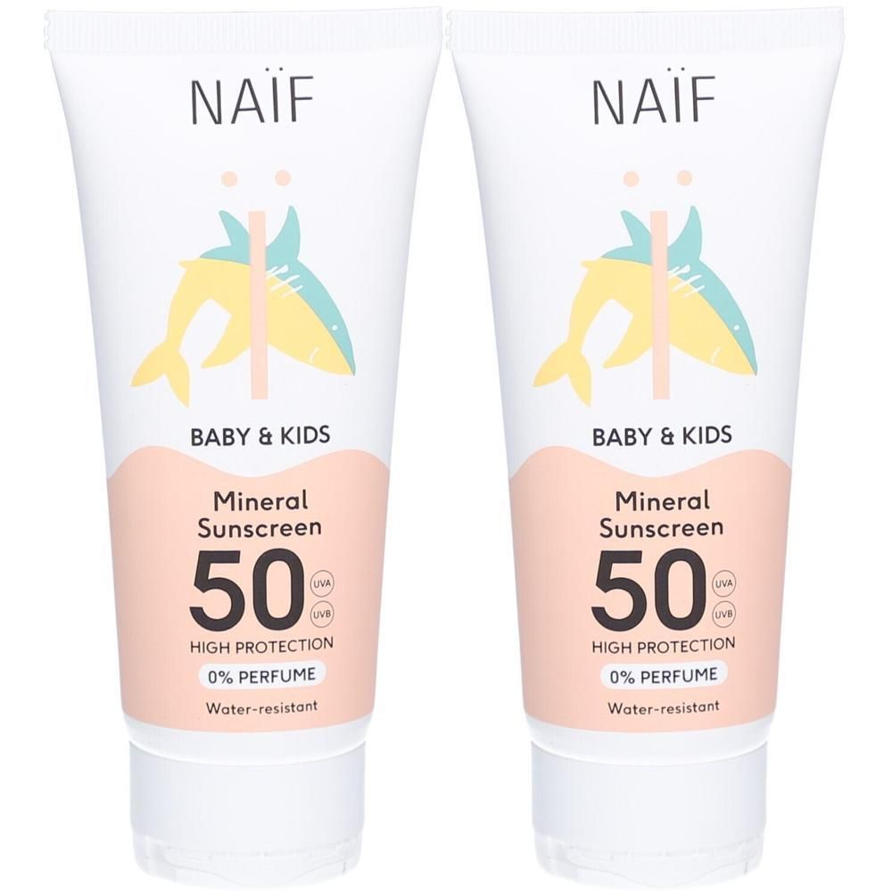 Deux tubes de crème solaire minérale Naïf SPF 50 pour bébé et enfants. Haute protection, 0% parfum, résistant à l'eau.