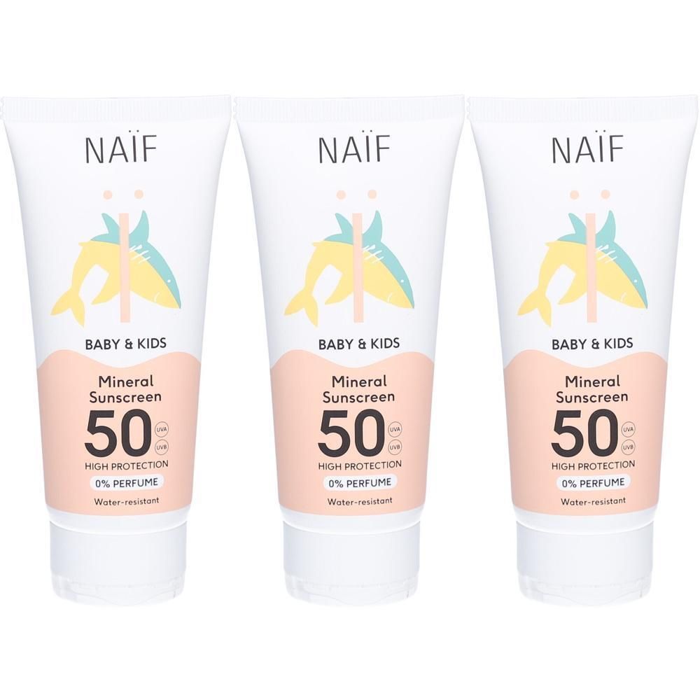 Trois tubes de crème solaire minérale Naïf SPF 50 pour bébé et enfants. Haute protection, sans parfum, résistant à l'eau.