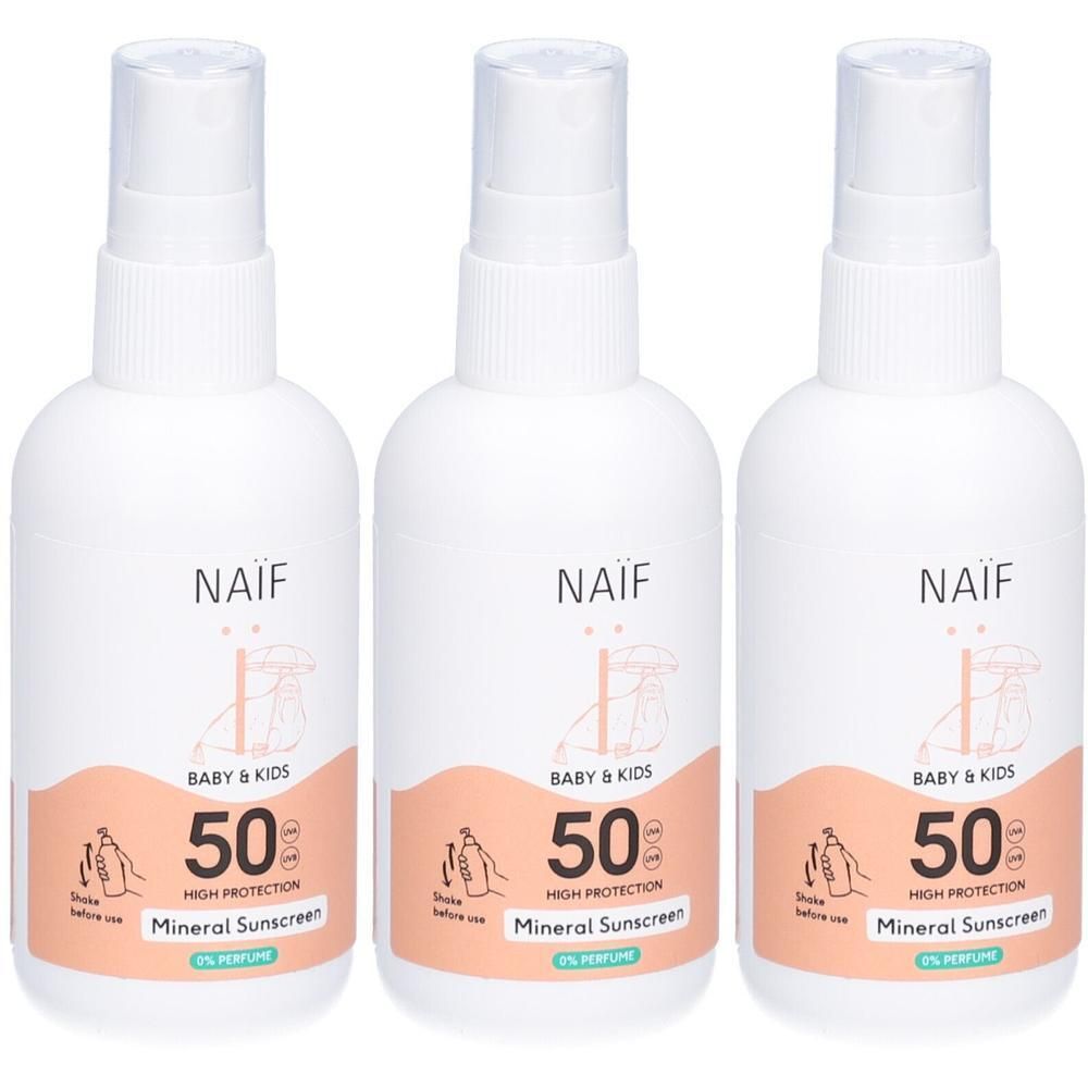 Trois flacons de spray solaire minéral Naïf SPF50 pour bébé et enfants.