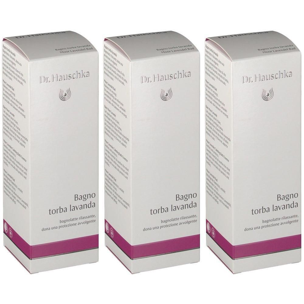 Drie Dr. Hauschka Moor Lavande Bain verpakkingen naast elkaar.