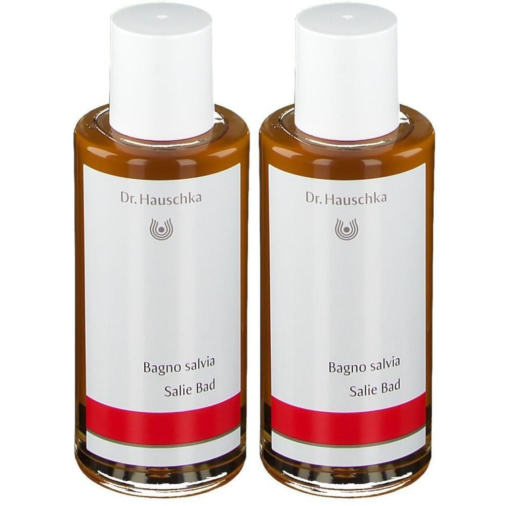 Deux flacons Dr. Hauschka Salie Bad avec bouchons blancs et étiquettes blanches.