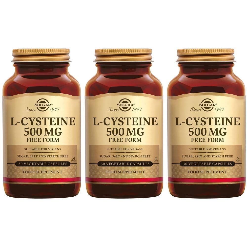 Trois flacons de Solgar L-Cystéine 500 mg, forme libre, 30 gélules végétales.
