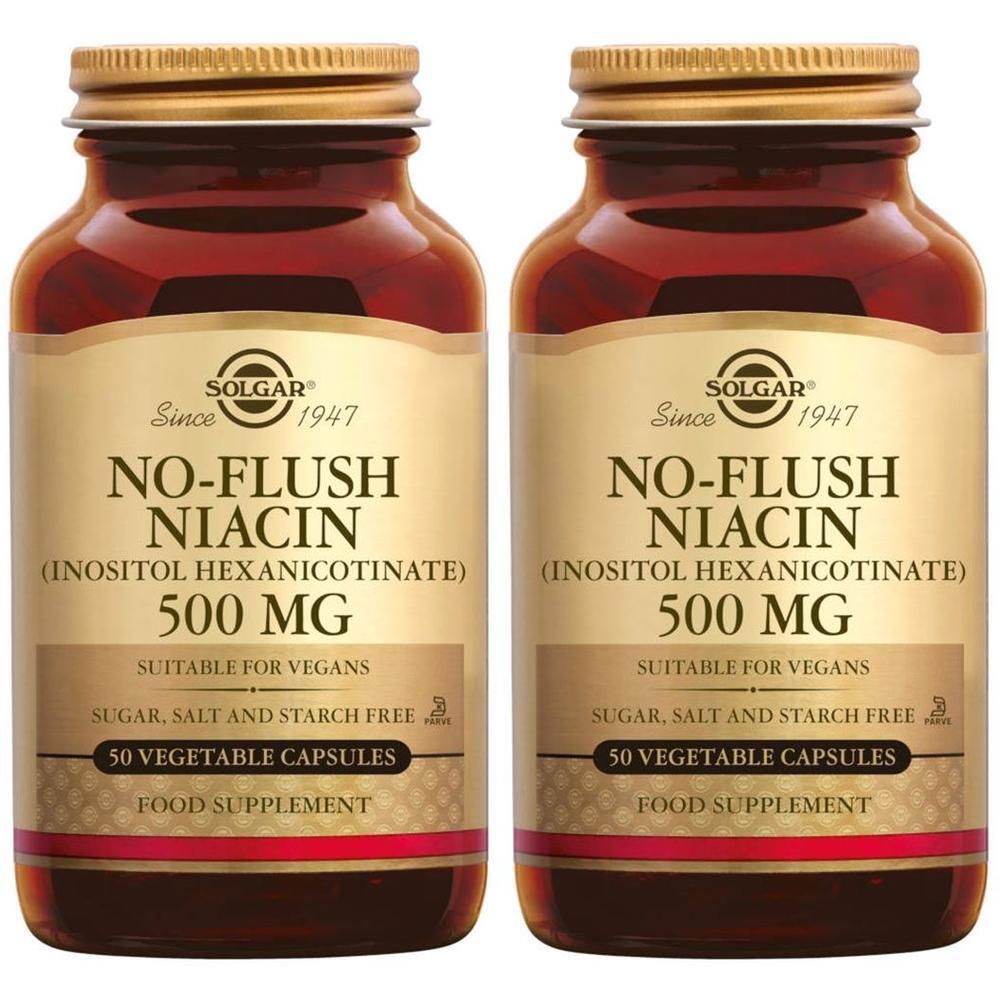 Twee flessen Solgar No-Flush Niacine 500 mg, 50 plantaardige capsules.