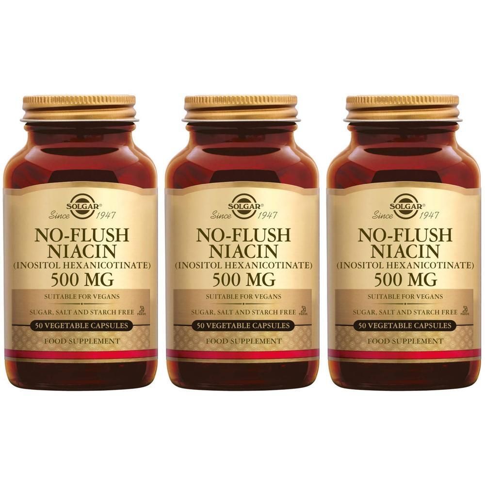 Trois flacons de Solgar No-Flush Niacine 500 mg, 50 capsules végétales.
