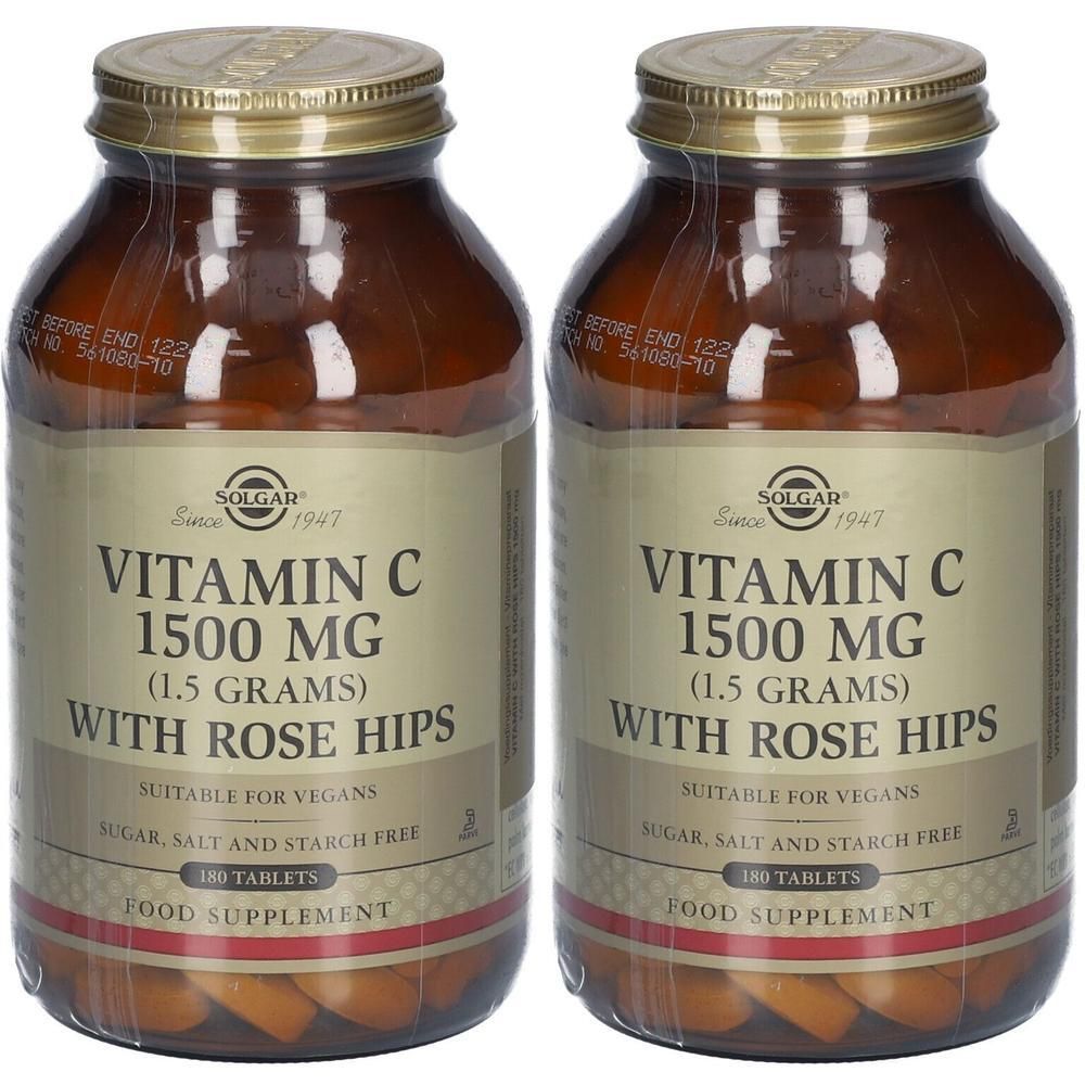 Deux flacons en verre brun Solgar Vitamine C 1500 mg avec cynorrhodon, 180 comprimés par flacon.