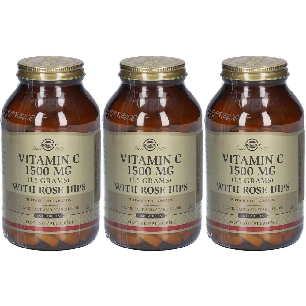 Trois flacons de Solgar Vitamine C 1500 mg avec cynorrhodon, 100 comprimés par flacon.