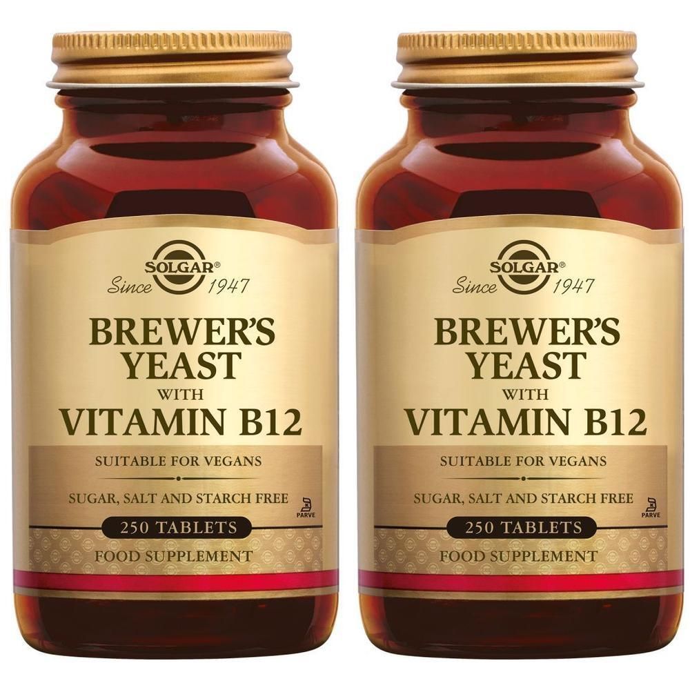 Twee flessen Solgar Biergist met vitamine B12, 250 tabletten per fles, geschikt voor veganisten.