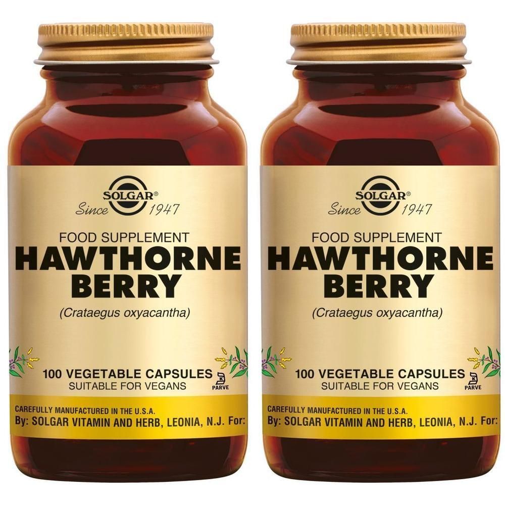 Twee flessen Solgar Meidoornbes voedingssupplement, 100 plantaardige capsules per fles.