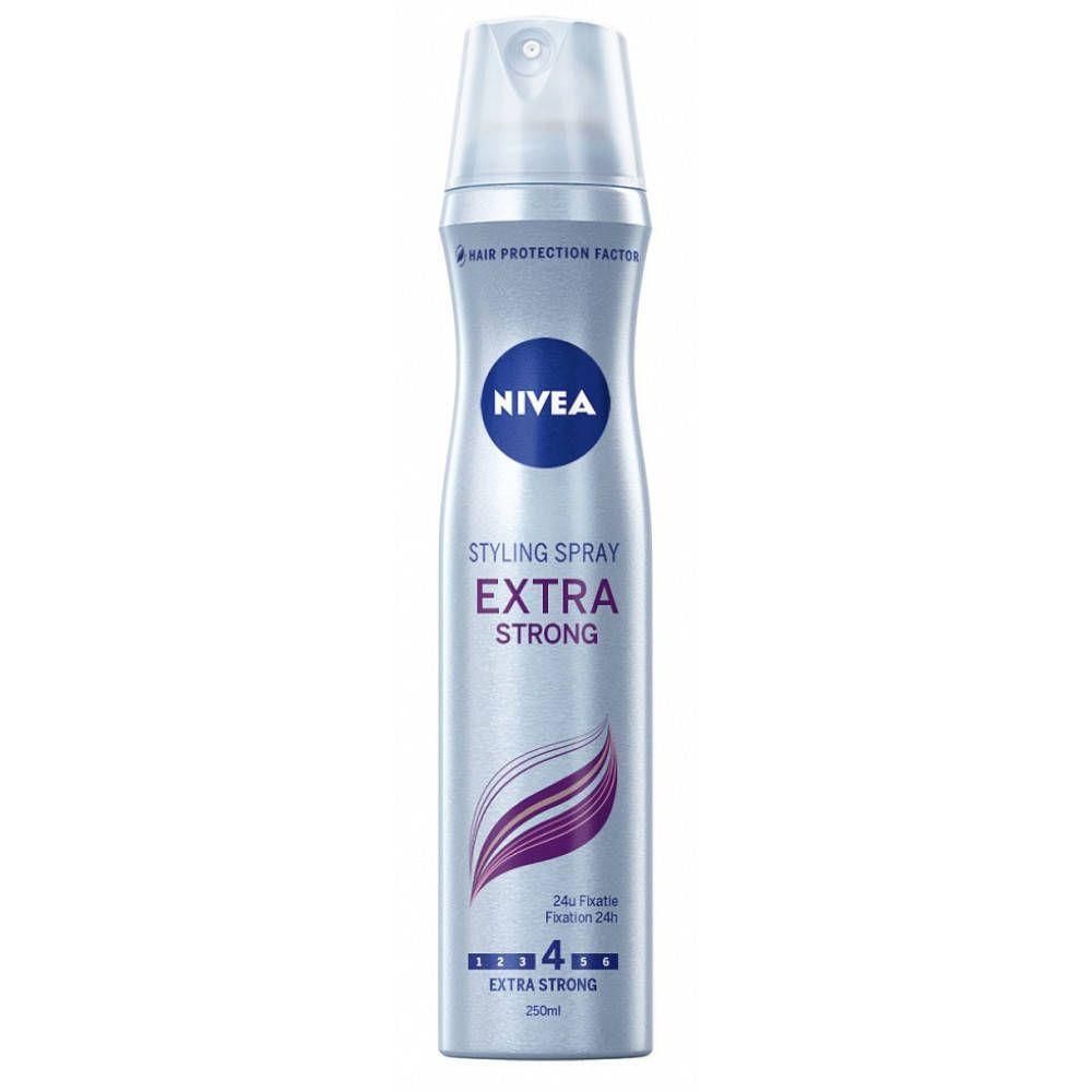 Nivea Styling Spray Extra Strong laque en bombe argentée avec logo Nivea bleu. 250ml.