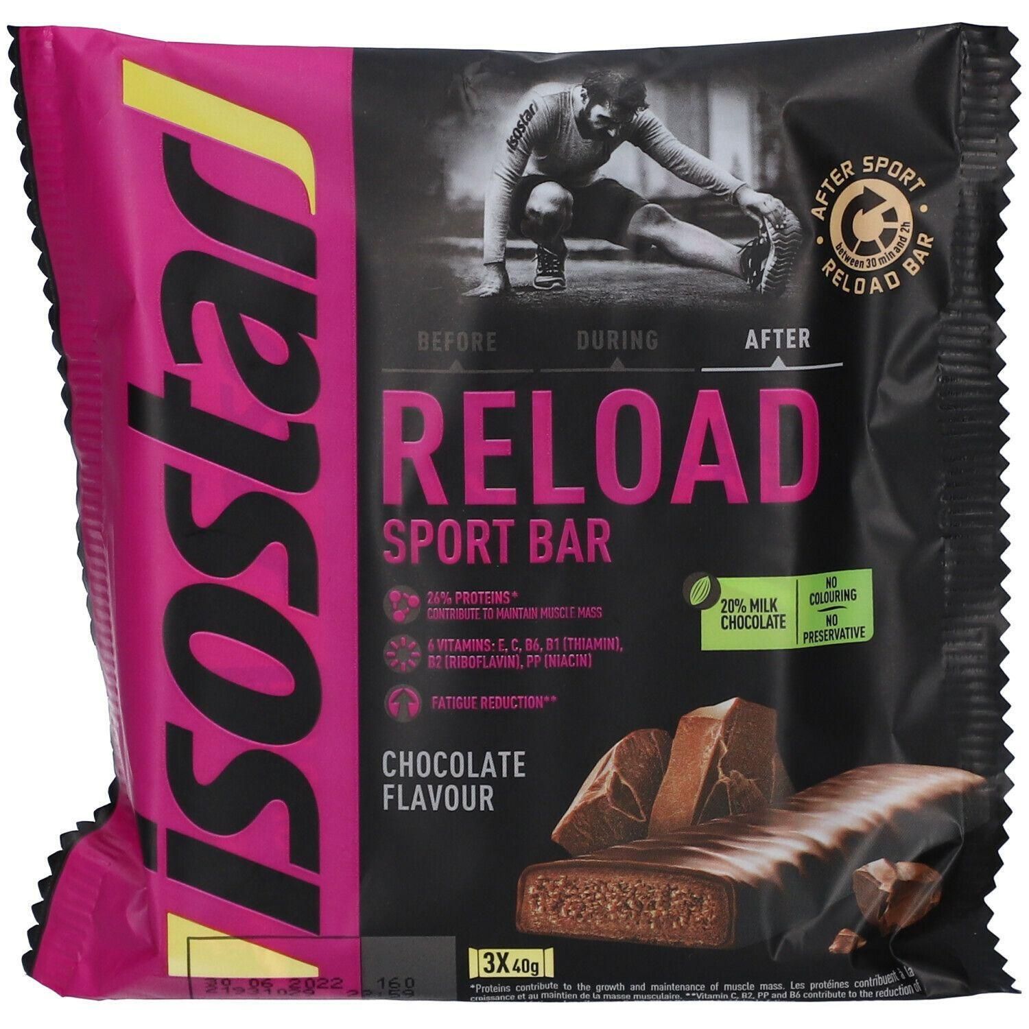 Barre sportive Isostar Reload, saveur chocolat, paquet de 3x40g.