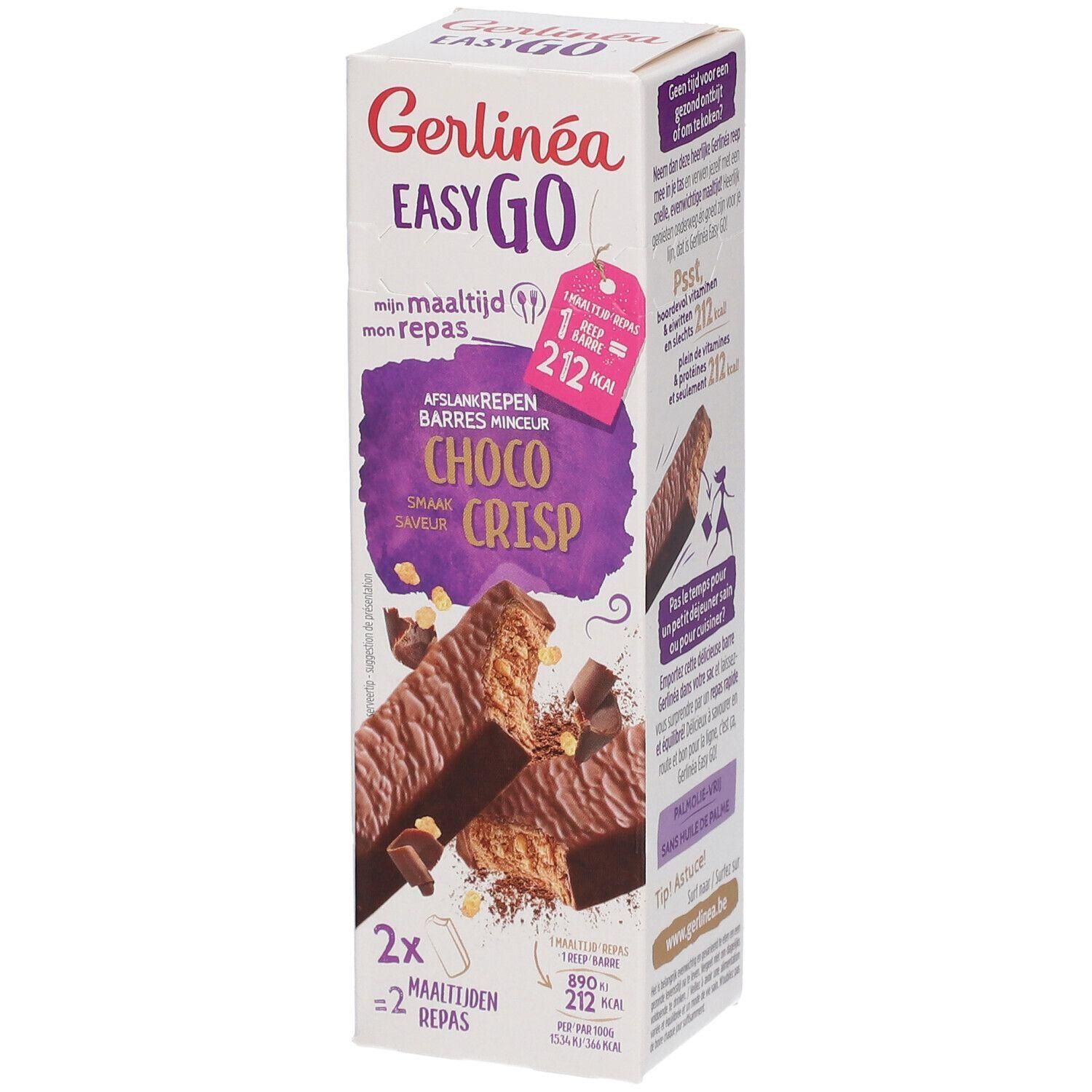 Boîte de barres Gerlinéa Easy Go Choco Crisp, 2 barres, 212 kcal par barre.