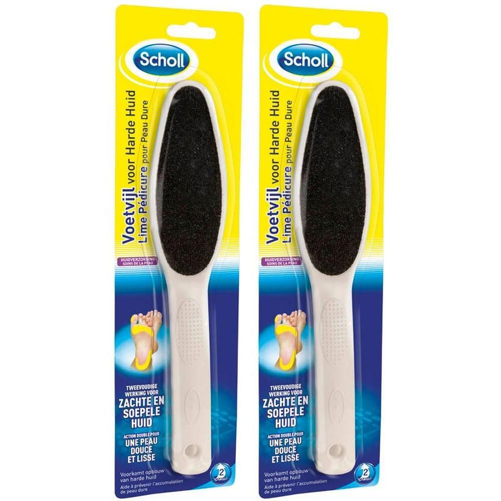 Deux limes à pieds blanches avec surface abrasive noire et manche ergonomique. Emballées dans un blister jaune et bleu.