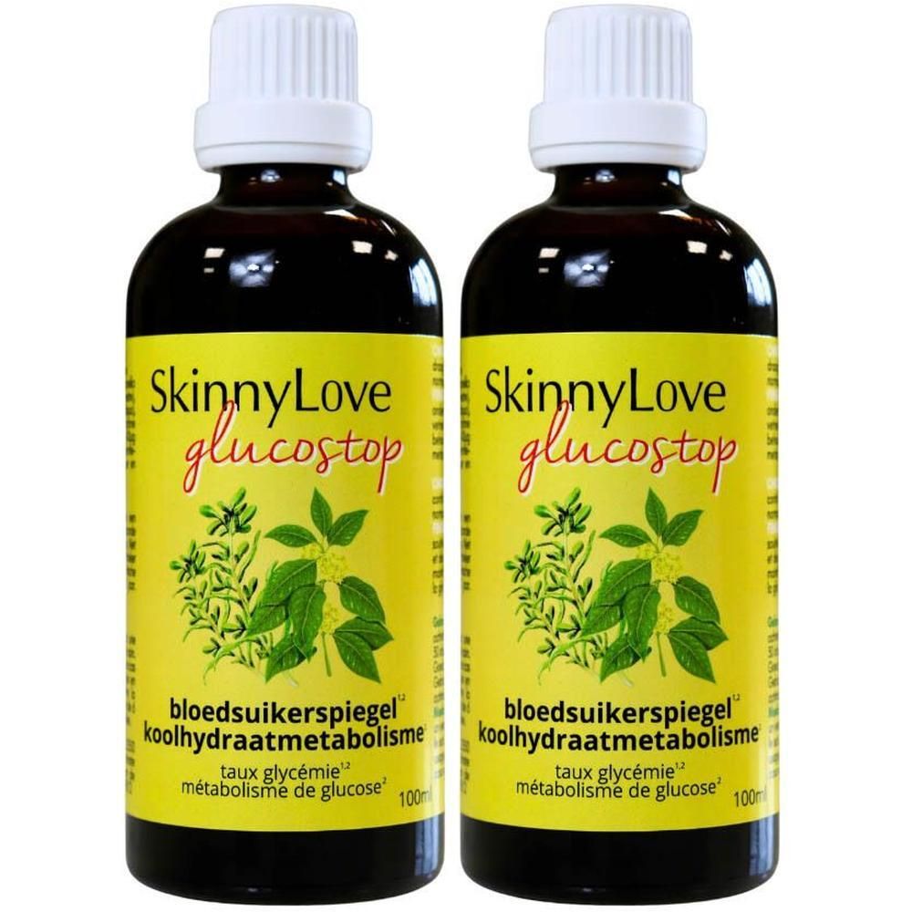 Twee flessen SkinnyLove Glucostop, bruin glas, geel etiket met kruiden en tekst.
