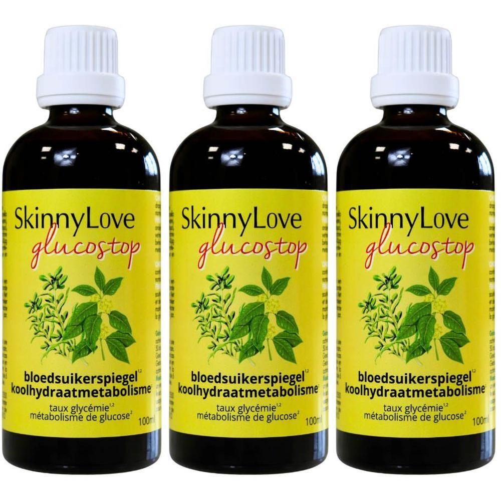 Drie bruine glazen flessen met geel etiket voor SkinnyLove Glucostop, elk 100ml.