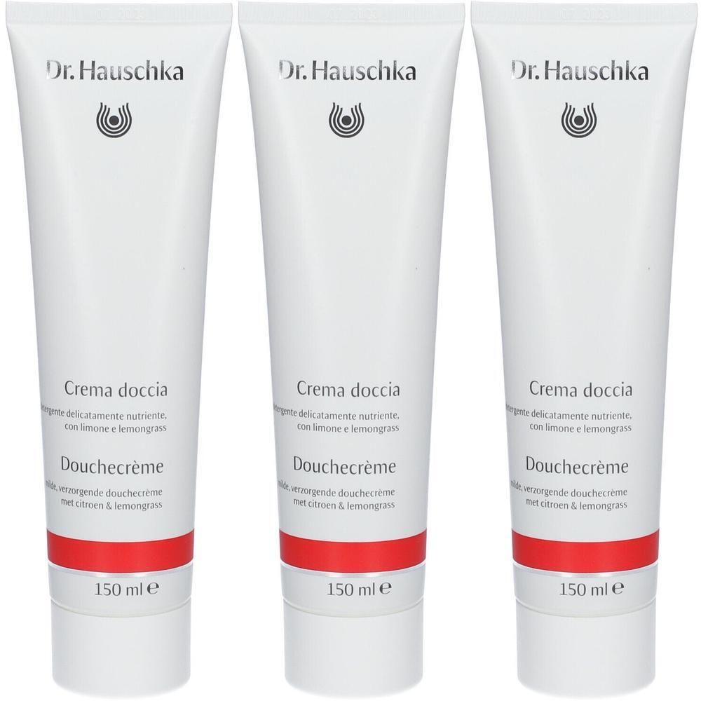 Trois tubes blancs de crème de douche Dr. Hauschka citronnelle.