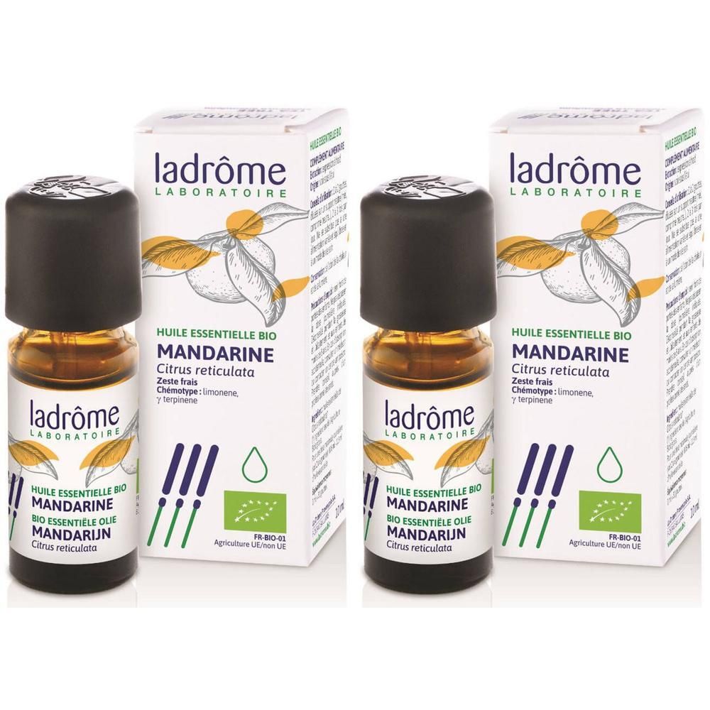 Deux flacons d'huile essentielle Mandarine Bio Ladrôme avec boîtes. Logo bio.