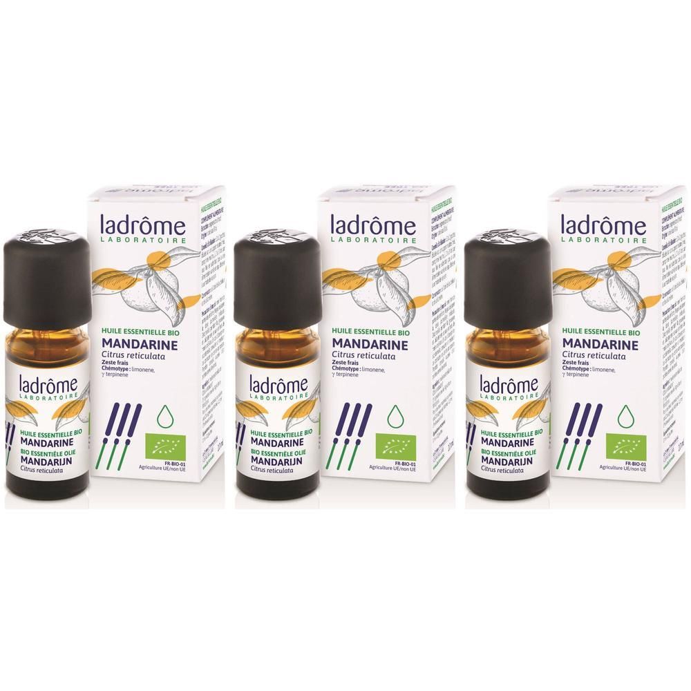 Trois flacons d'huile essentielle de Mandarine Bio Ladrôme avec emballage. Logo Bio.