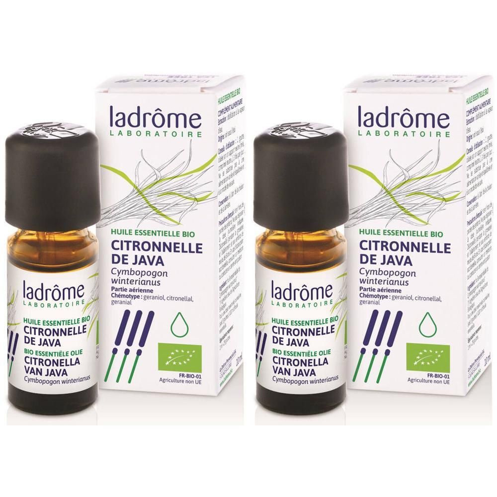 Twee flesjes Ladrôme biologische Java-citronella etherische olie met verpakking. Bruine glazen flesjes met zwarte dop.