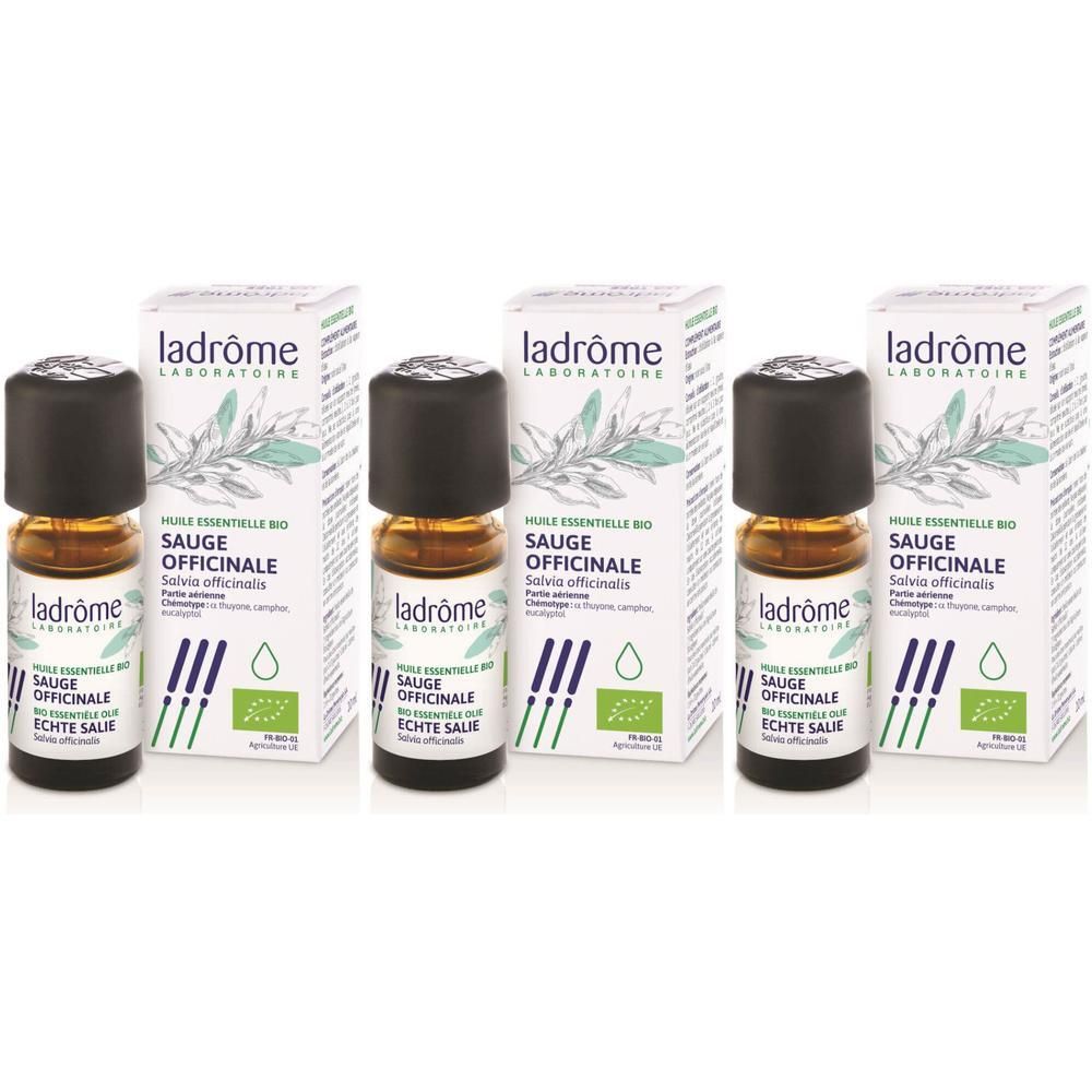 Trois flacons d'huile essentielle de sauge Ladrôme avec emballage. Logo bio visible.
