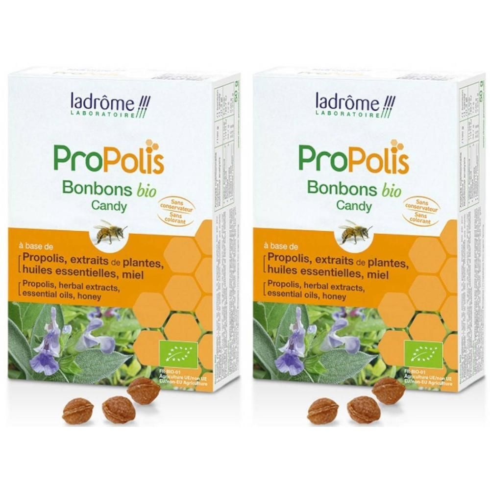Twee pakken Ladrôme Propolis Bonbons bio met propolis, plantenextracten en honing. Met biologisch keurmerk.