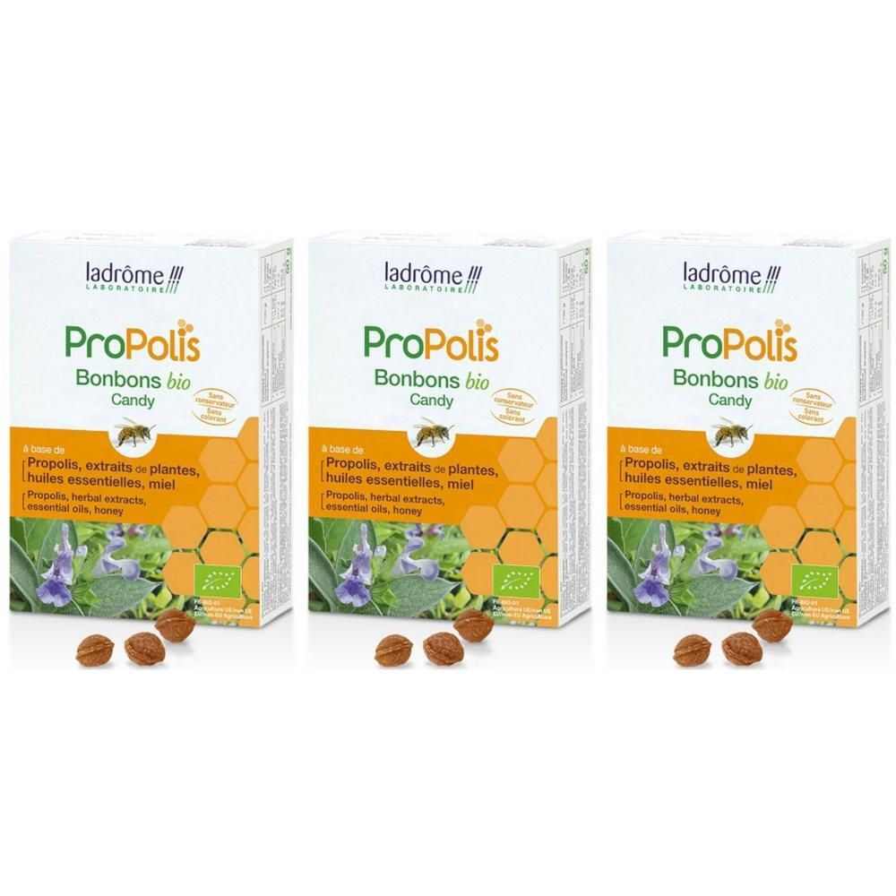 Trois paquets de Ladrôme Propolis Bonbons Bio avec propolis, extraits de plantes et miel. Petits bonbons devant.