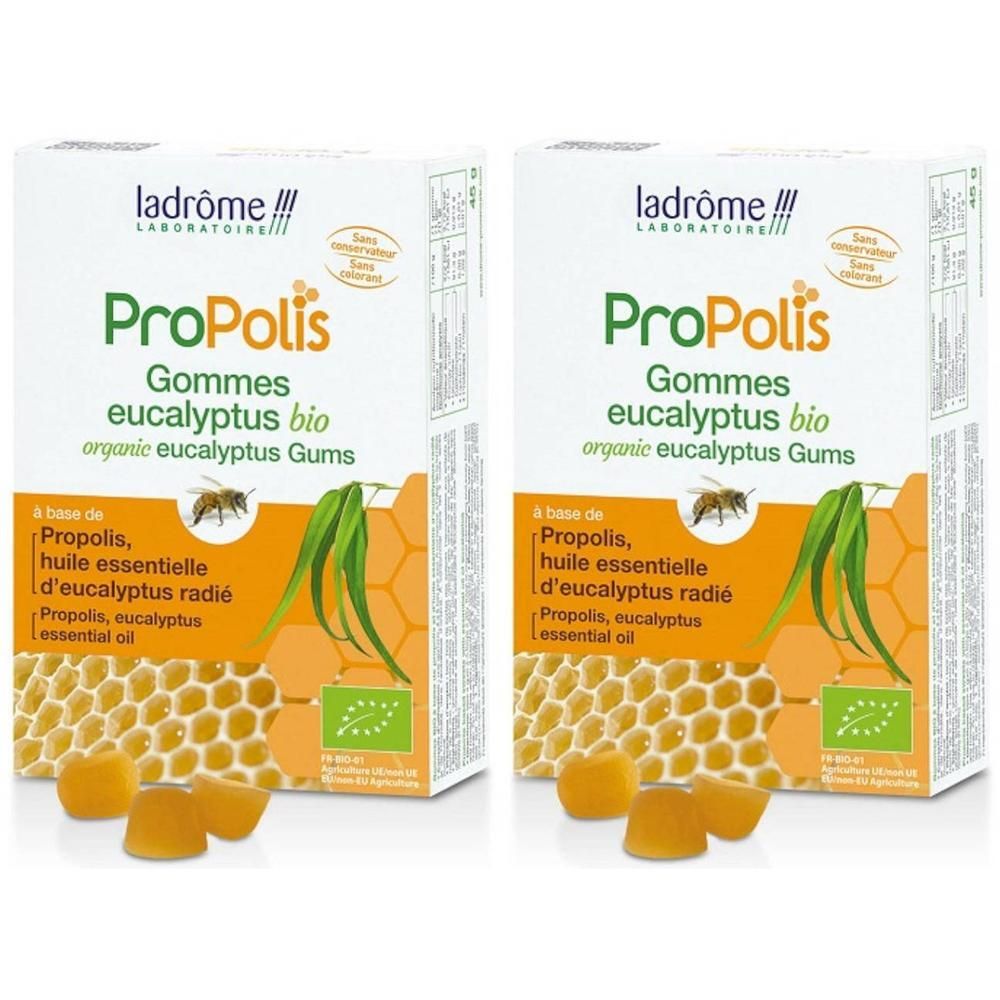 Twee pakken Ladrôme Propolis Eucalyptus Bio Gommes. Met bijenmotief en honingraatdesign.